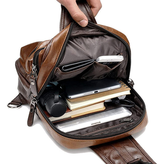 Vintage PU Leather Sling Backpack with USB Charger, Small Shoulder Bag