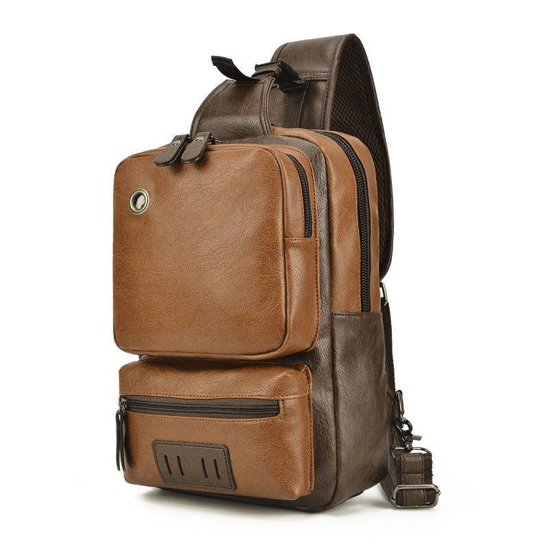Vintage PU Leather Sling Backpack with USB Charger, Small Shoulder Bag