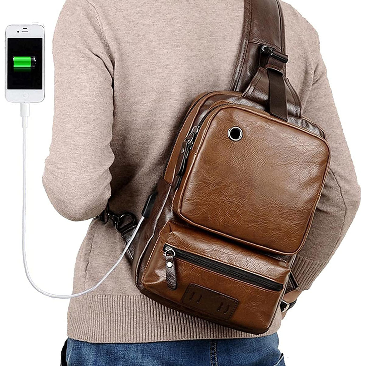 Vintage PU Leather Sling Backpack with USB Charger, Small Shoulder Bag