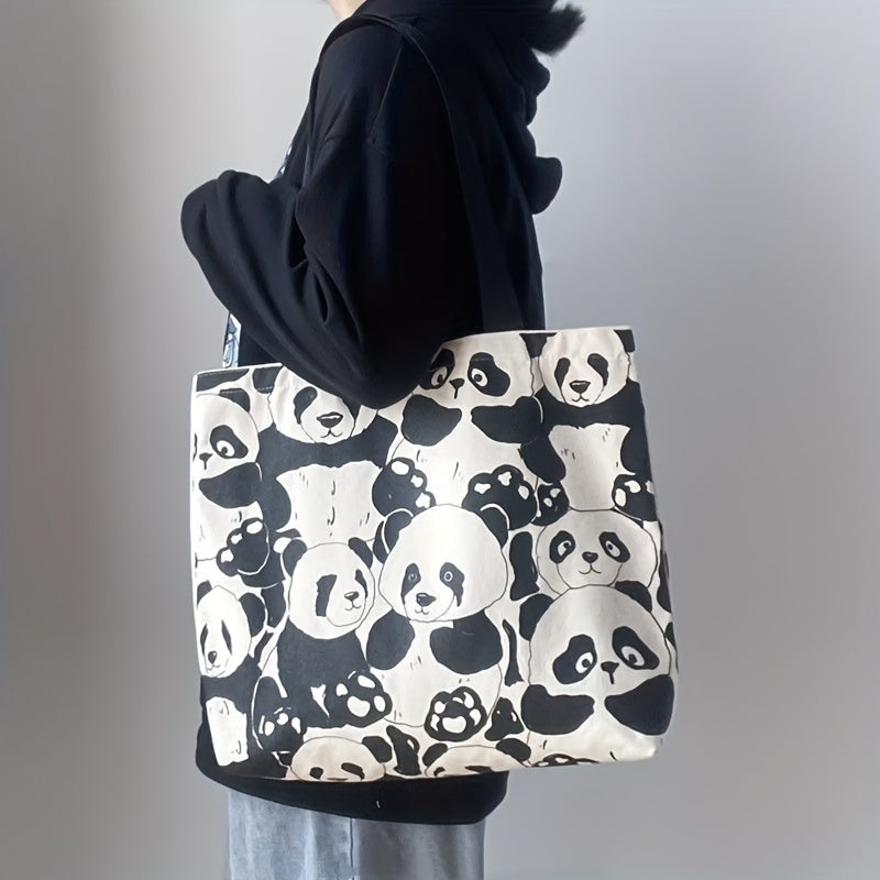 Cute Panda Canvas Shoulder Bag, Large Capacity Shopping Tote Bag