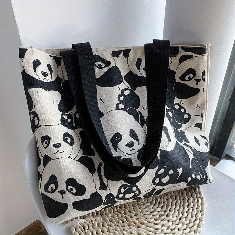 Cute Panda Canvas Shoulder Bag, Large Capacity Shopping Tote Bag