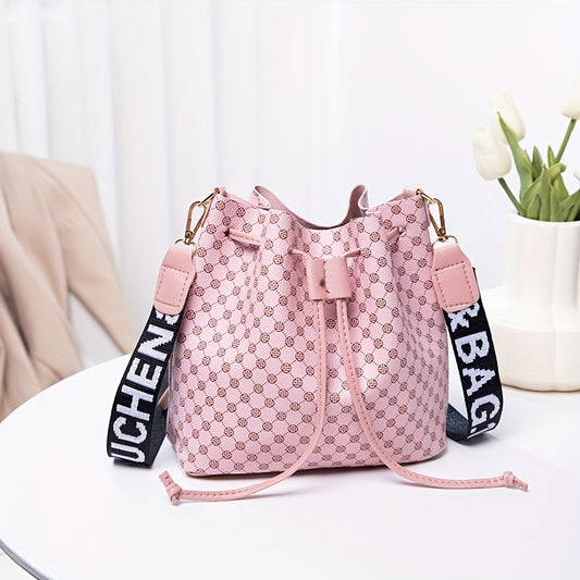 Fashion Printed PU Leather Bucket Bag, Men's Drawstring Strap Tote Bag