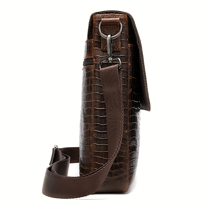 Vintage Genuine Leather Shoulder Bag, Crocodile Pattern Crossbody Bag