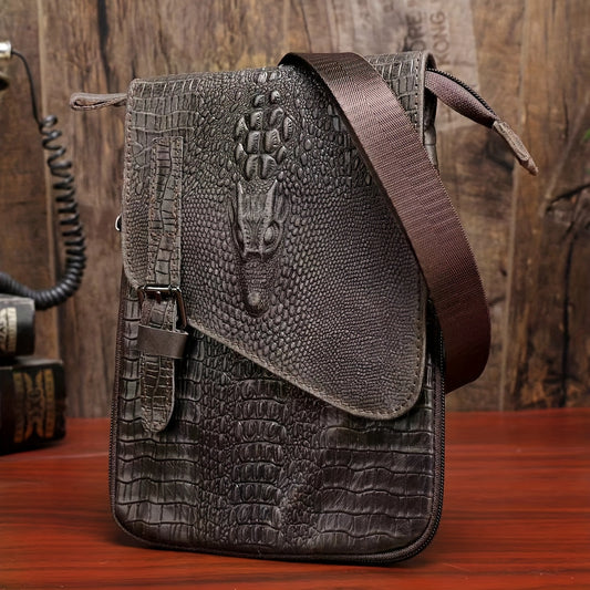 Cowhide Small Shoulder Bag, Crocodile Pattern Casual Sling Bag
