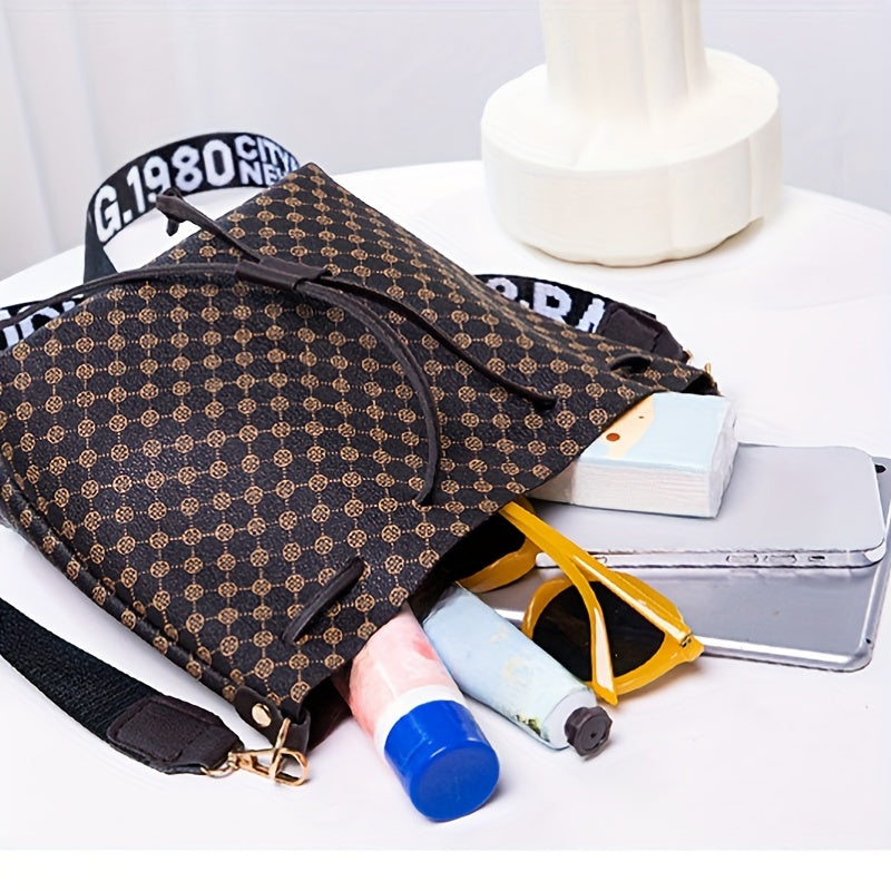 Fashion Printed PU Leather Bucket Bag, Men's Drawstring Strap Tote Bag